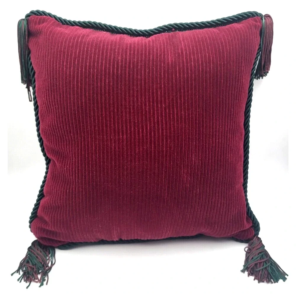 Vintage Christmas Santa Tapestry Decor Pillow Corduroy Back Red & Green Tassels